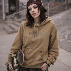 Triple five soul hoodie L skater Y2K grunge distressed tan streetwear urban